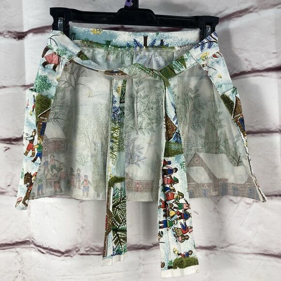 Handmade Half Apron Winter Scene Christmas Snow Cold Sleigh Ride Pockets Ties - Picture 4 of 8